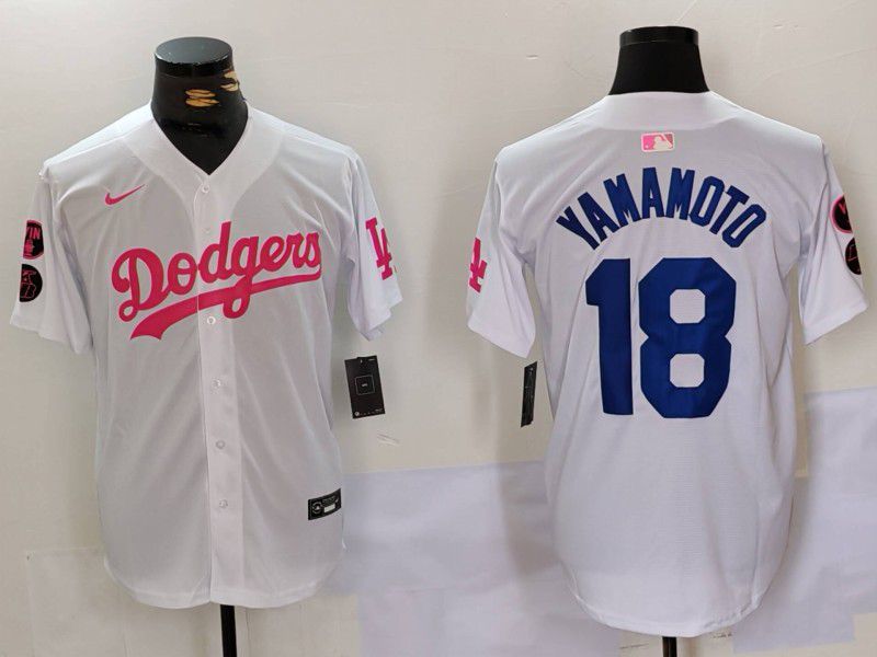 Men Los Angeles Dodgers #18 Yamamoto White pink joint name 2024 Nike MLB Jersey style 1